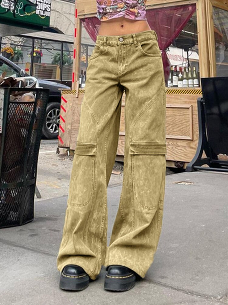 WeiYao Vintage Tie Dye Print Denim Cargo Pants Women Low Waist Wide Leg Mom Jeans Retro Green Baggy Straight Trouser